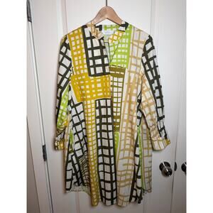 NOEN Boho Geometric Grid Print Tunic Dress with Smocked Cuffs Size 8